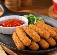 Golden brown mozzarella sticks with marinara dipping sauce at Pizzanapoli Lloydminster